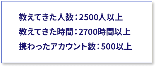 教えてきた人数2500人以上。教えてきた時間2700時間以上。携わったアカウント数500以上。