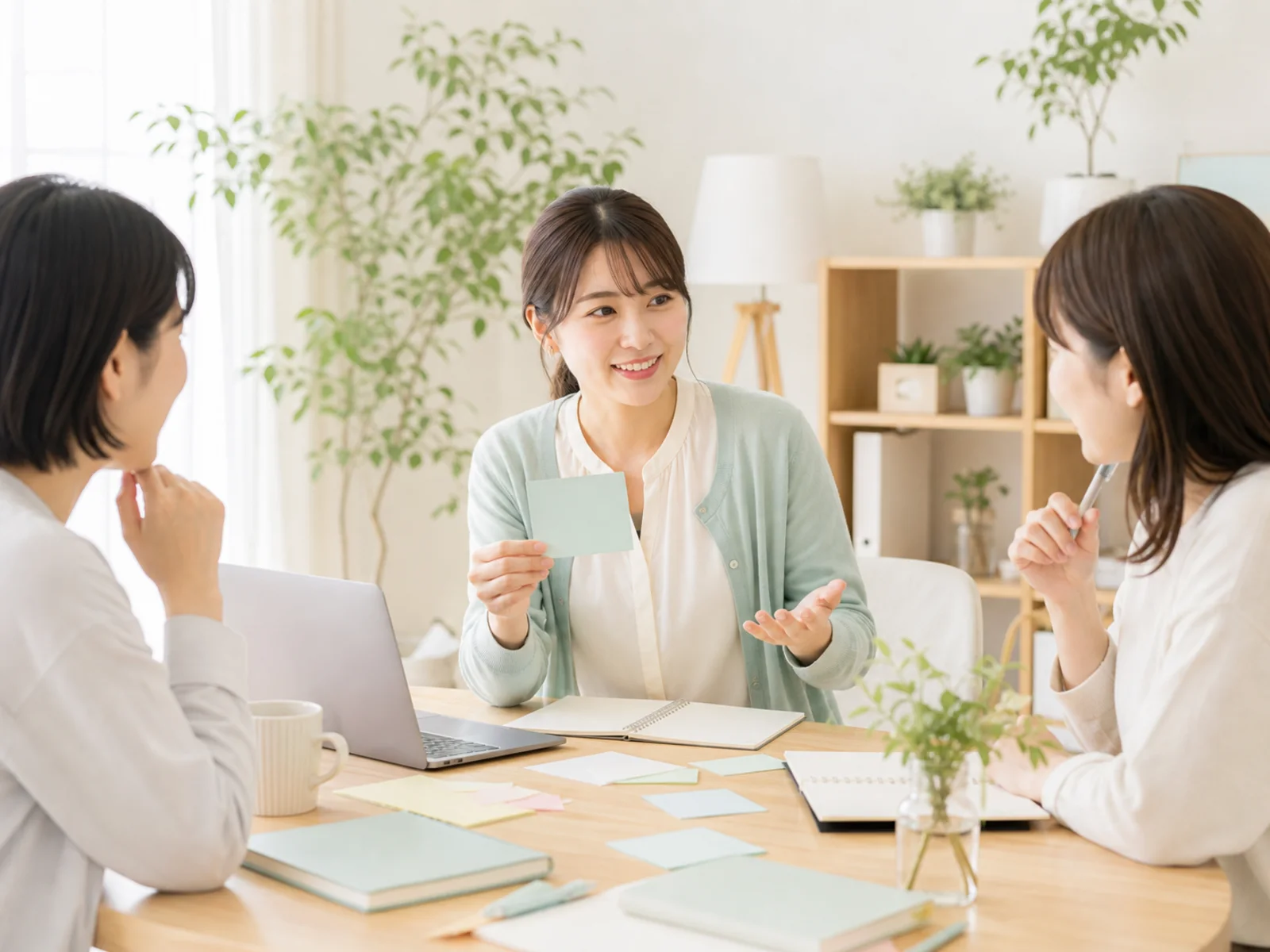 女性主人公を中心に少人数で実践のフィードバックを受けるイメージ
