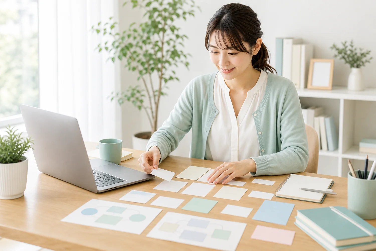 女性主人公が強みのカードを提案の形へつなげて整理するイメージ