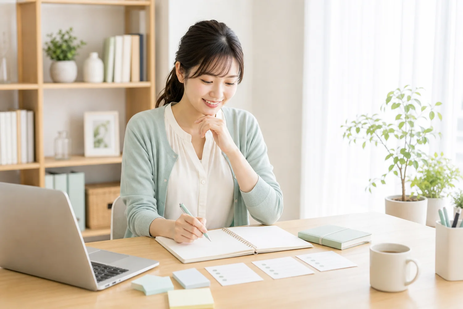 女性主人公が学びを仕事に変える次の行動を整理しているイメージ