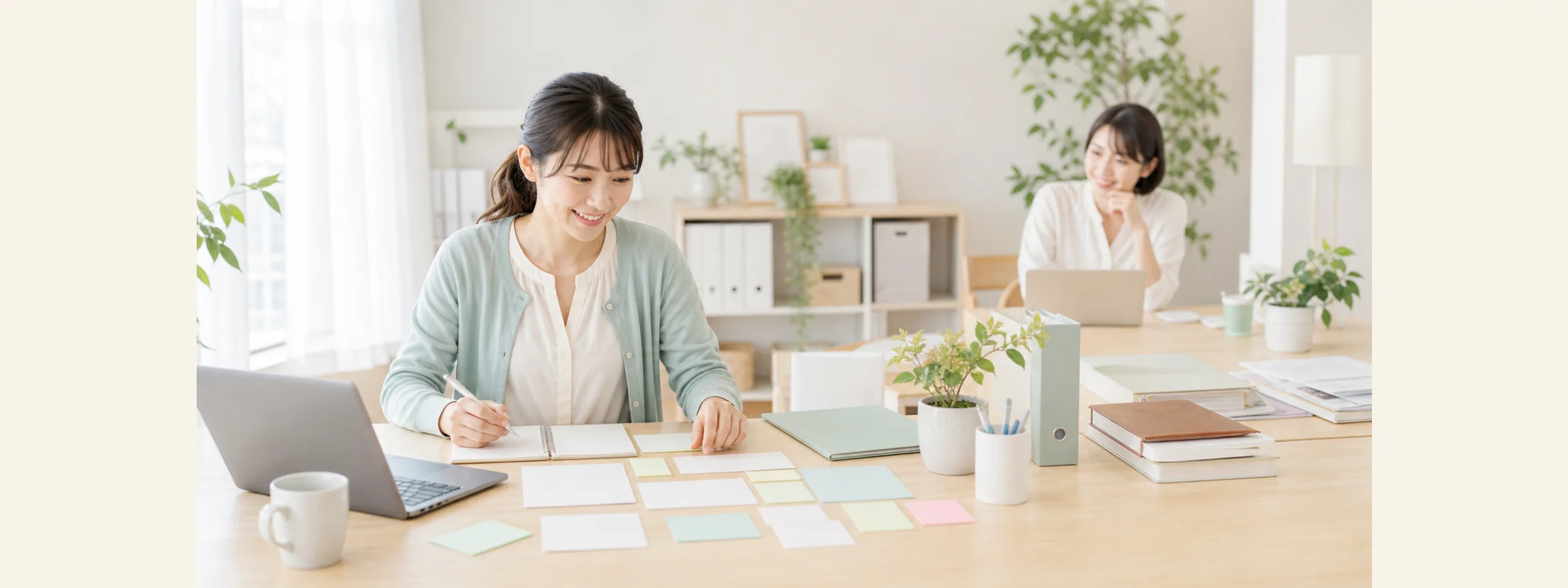 女性主人公が強みの整理から提案と振り返りへ進む実践支援のイメージ