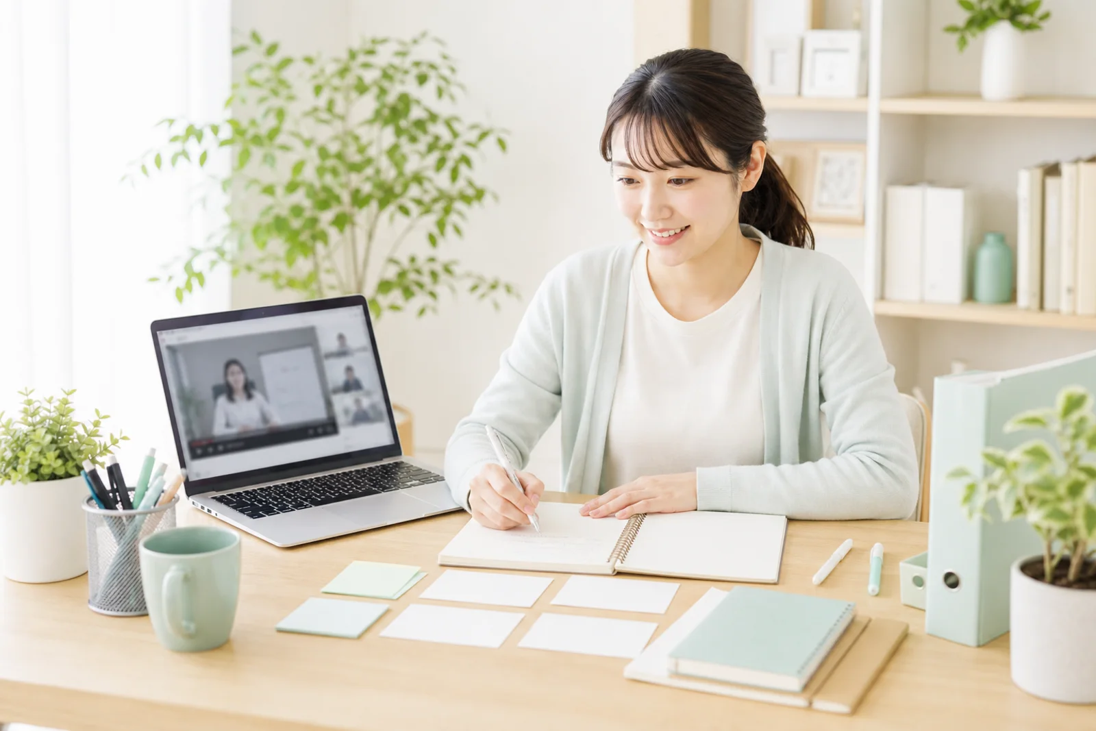 女性主人公が学びをサービスや提案へ落とし込んでいるイメージ