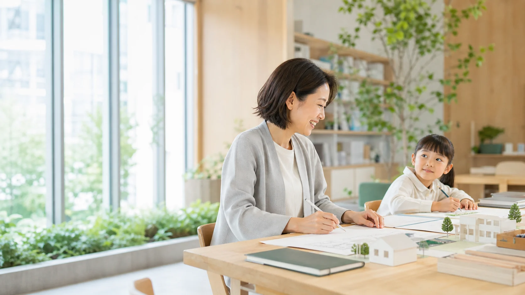 明るいスタジオで仕事に取り組む日本人女性と、その姿を見つめながら創作する子ども