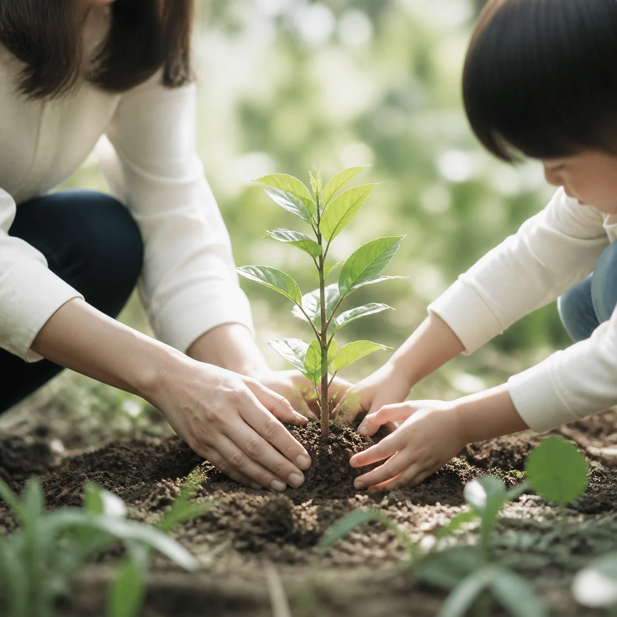 大人と子どもの手で若い苗木を植える様子
