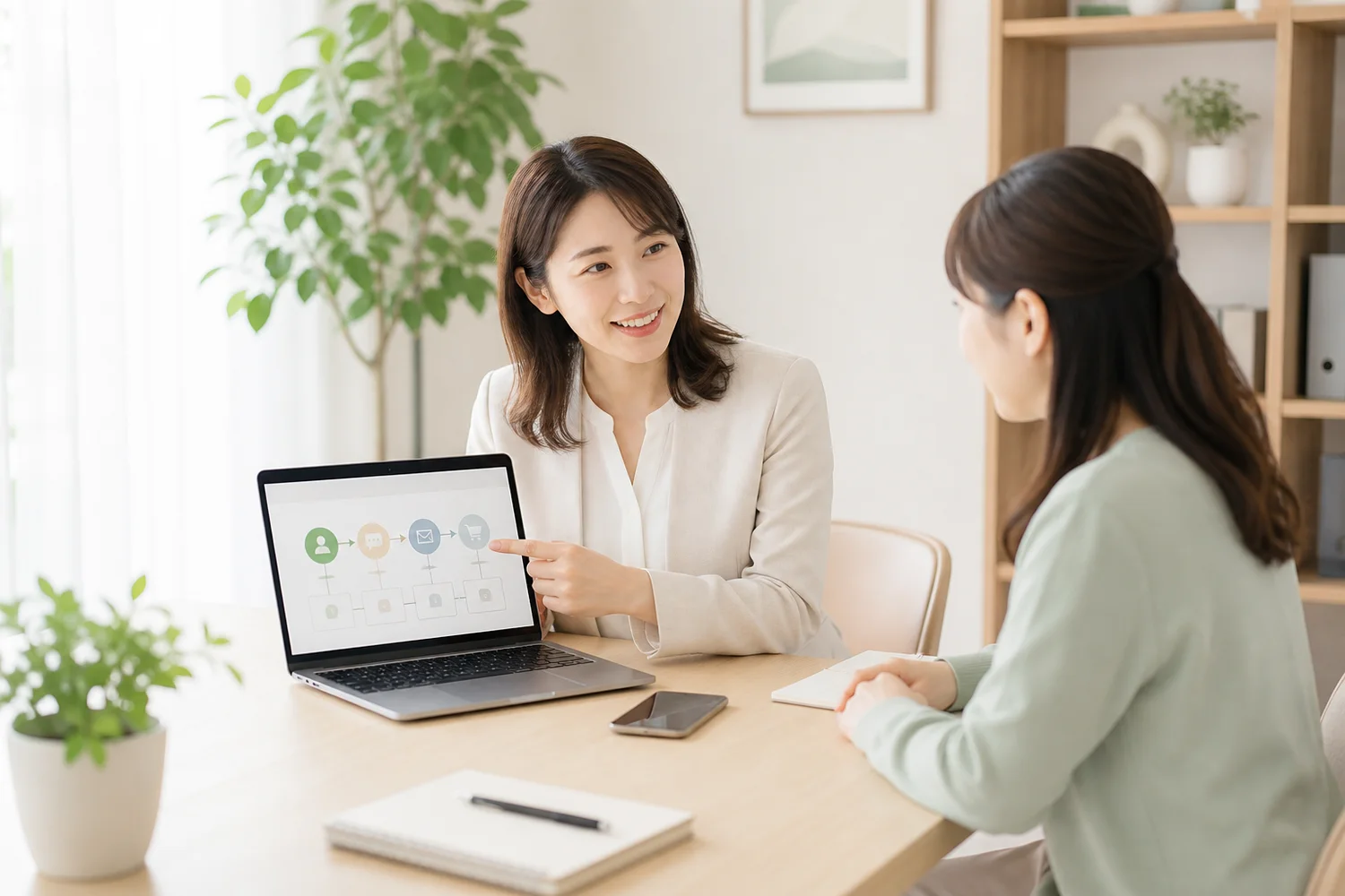 LINEやAIを使った業務の流れを相談しながら整理するイメージ